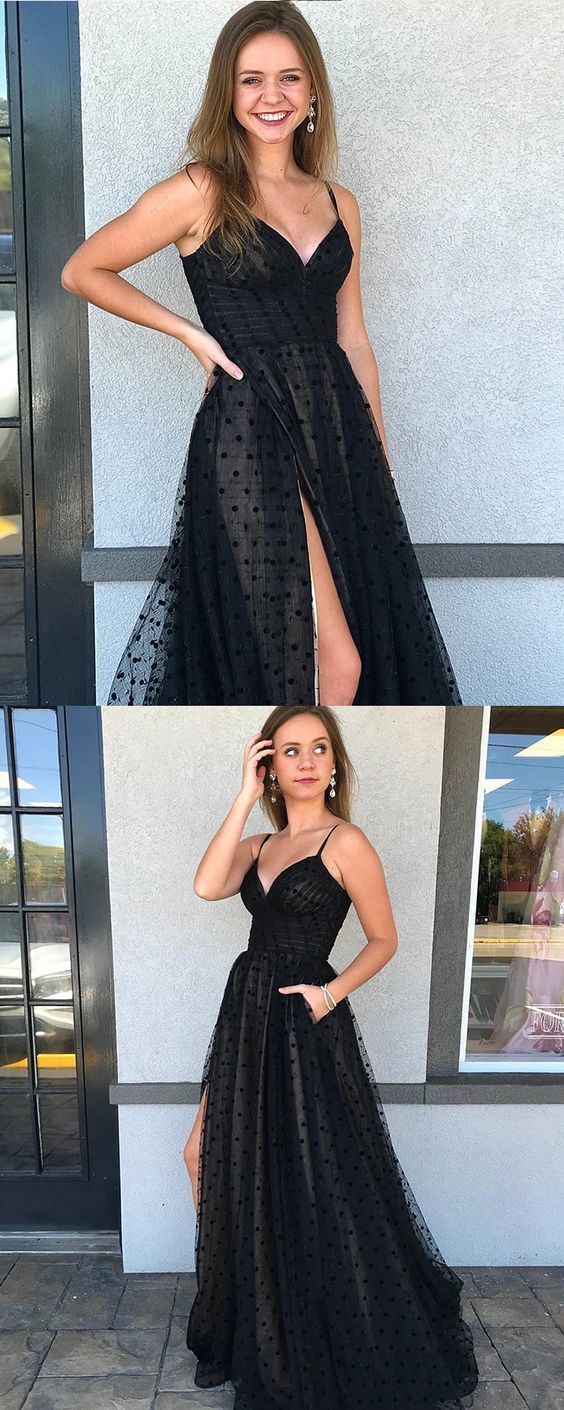 Spaghetti Straps Black Polka Dot Net Side Slit Prom Dress cg13577