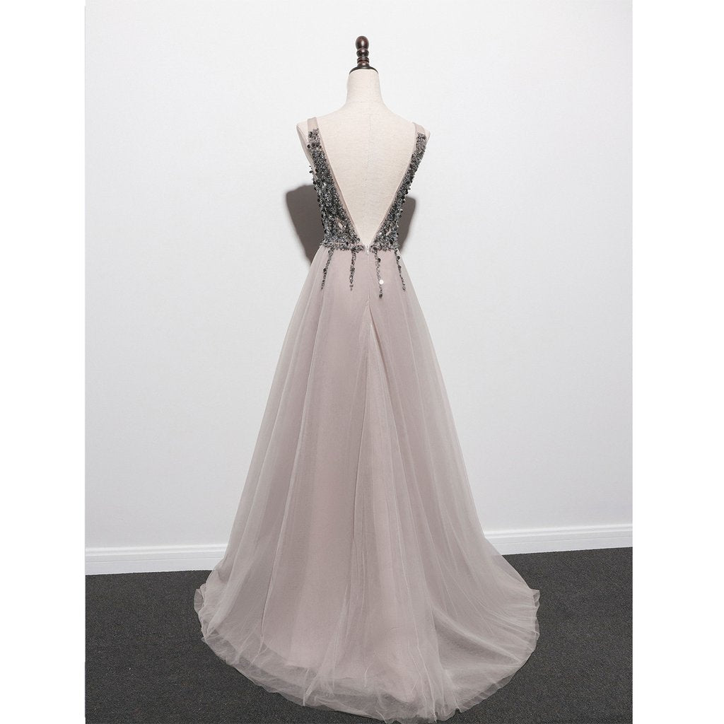 Stylish Tulle Slit V-Neckline Beaded Long Party Dress, Tulle Prom Dress 2021 cg14593