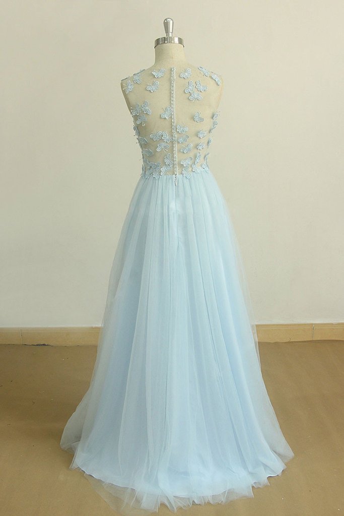 A Line Round Neck Baby Blue Lace Long Prom Dress with Butterfly cg14595