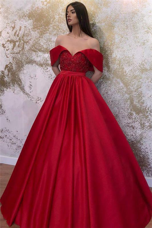 A-line Off-the-shoulder Ruffles Beaded Prom Dresses, cg14599