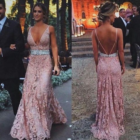 Blush Pink Lace Evening Dresses Long Deep V-Neck Spaghetti Straps Open Back Prom Dress cg14607