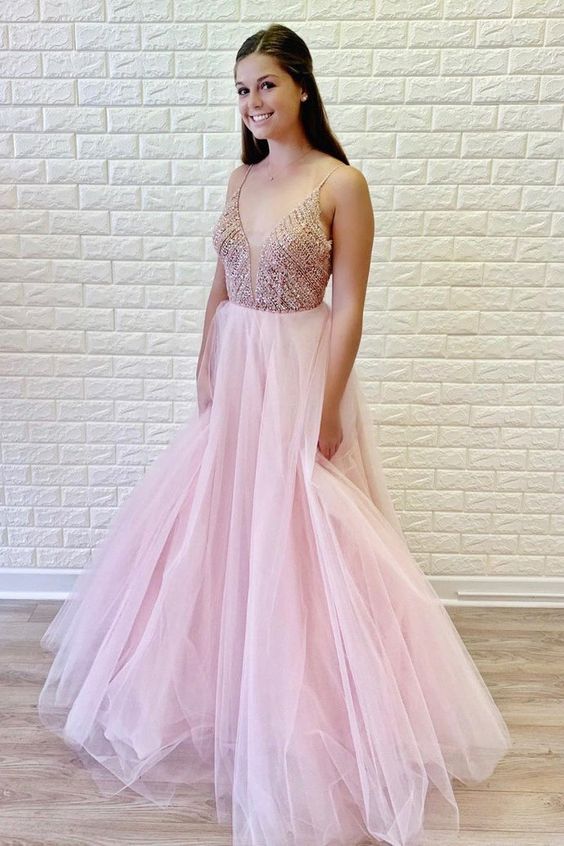Spaghetti Straps Beading Long Tulle Pink Prom Dress cg14611