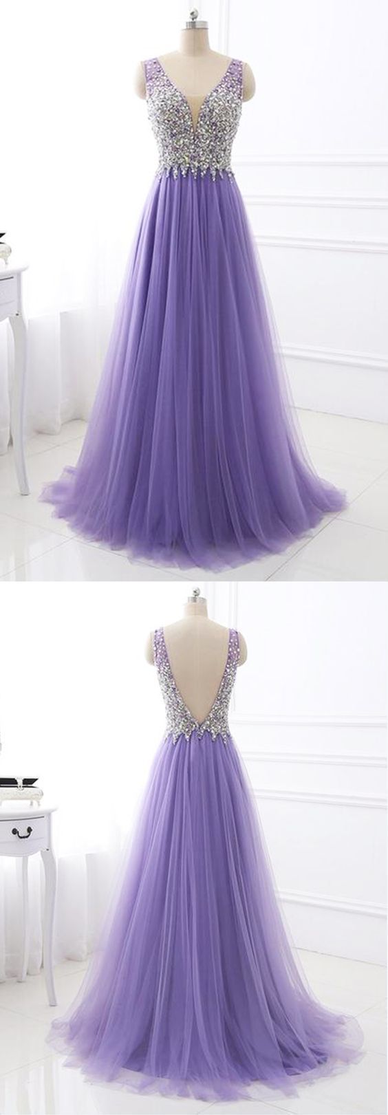 Lavender Tulle A-line Sparkly Beading Top Prom Dress cg14613