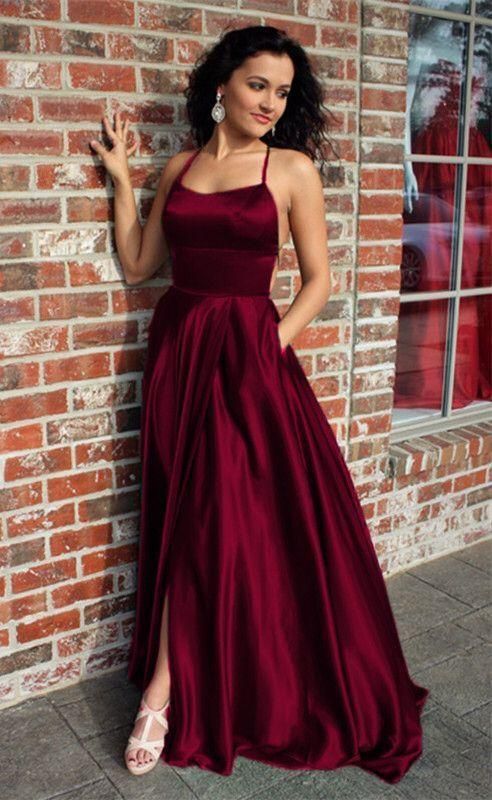 burgundy prom dresses long satin split gown cg14622