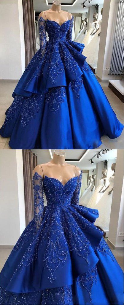 Delicate Sparkly Beading Ball Gown Satin Royal Blue Prom Dress with Sleeves Quinceanera Dress cg14627