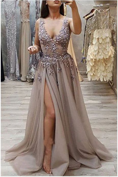 Charming A Line V Neck Open Back High Split Grey Lace Long Beads Long Prom Dresses cg14629