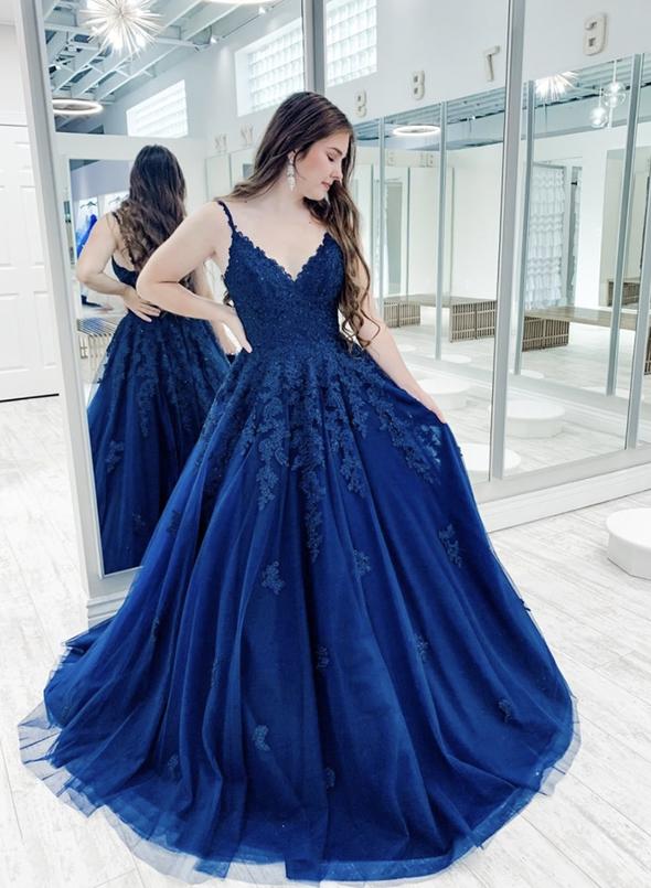 Blue v neck tulle lace long prom dress evening dress cg14638