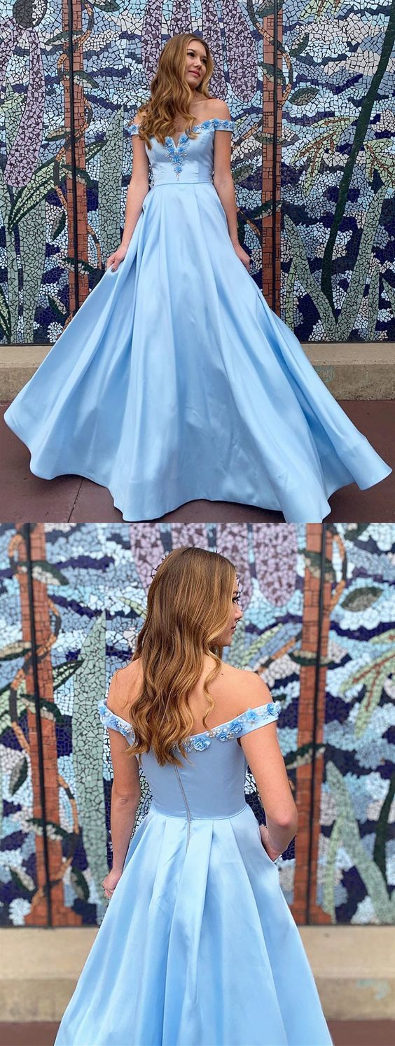 Off the Shoulder Blue 3D Flower Long Prom Dresses cg14643