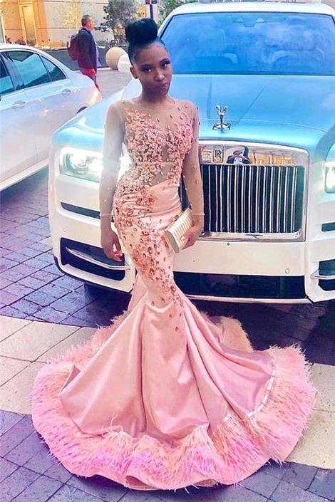 Black Girl Prom Dress Sheer Tulle Pink Mermaid Prom Dresses with Feather | Crystals Appliques Sexy Evening Gowns with Sleeves cg14652