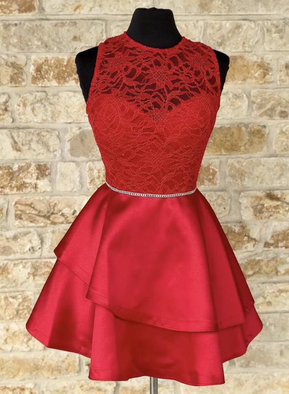 Red lace satin short dress homecoming dress cg14661