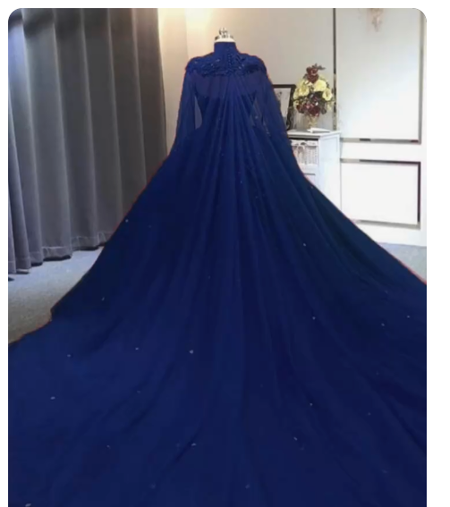Elegant Lace embroidery tulle beaded quinceanera dresses navy blue ball gown prom dress with cape cg14666