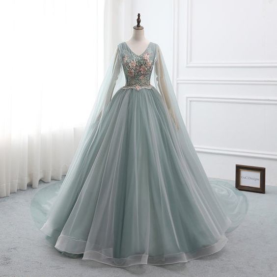 Custom Prom Dress Ball Gown Long Quinceanera Dress v-neck Long Sleeve Party Dress cg14667