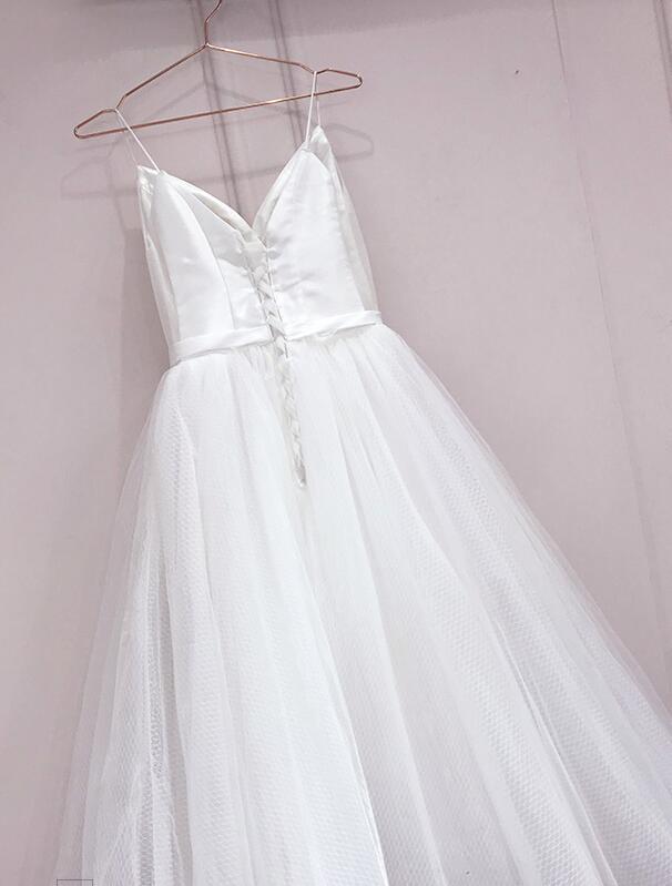 long prom dress Simple White Tulle With Satin V-Neckline Tea Length Wedding Dress, Simple White Party Dress cg14690