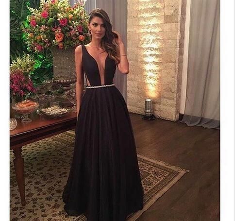 Sexy Black Prom Dresses,Deep V Neck Long Black Satin Evening Gown cg14697