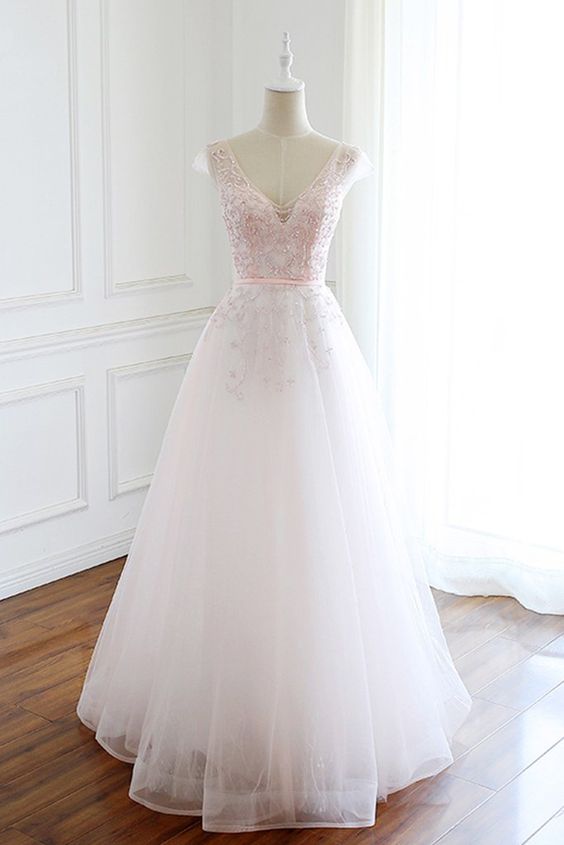 White tulle v neck long sequins cap sleeve evening dress, long senior prom dress cg14708