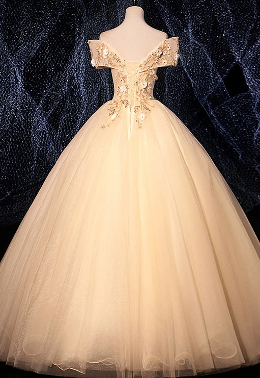 CHAMPAGNE V NECK TULLE LACE LONG PROM DRESS CHAMPAGNE EVENING DRES cg14743