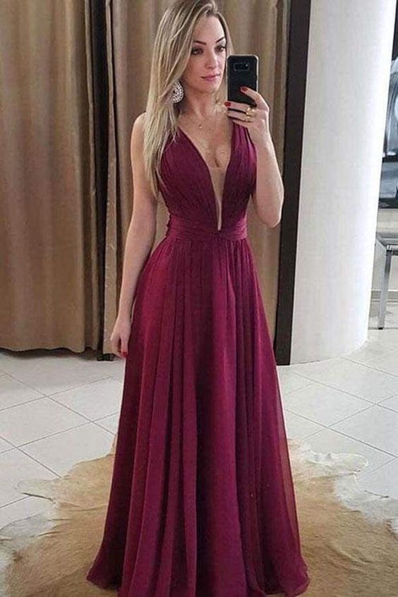 A Line Sexy V Neck Chiffon Prom Dress with Pleats Floor Length cg14759