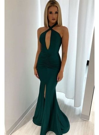 Mermaid Halter Sexy Backless Slit Prom Dresses cg14771