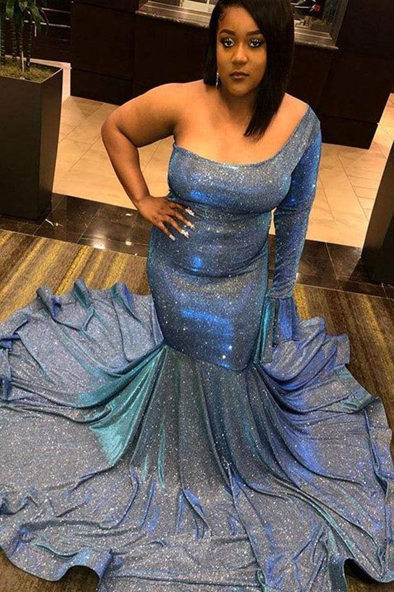 Glittery One Shoulder Long Sleeve Mermaid Prom Dresses cg14774