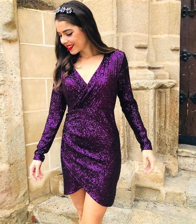 Purple Sequins Short Cocktail Dress Long Sleeves V Neck Sparkly Prom Party Gowns cg14777