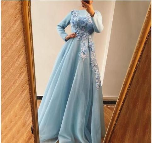 Blue Long Sleeves Evening Dresses Design Handmade Flowers Pearls A-Line Evening Gowns Prom Dresses cg14794