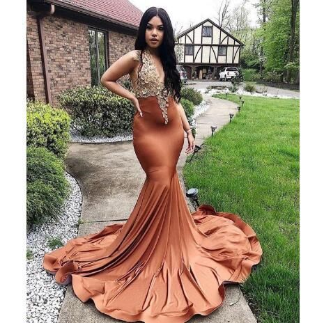 Mermaid Prom Dresses Sexy Deep V Neck Gold Appliques Cap Sleeve Evening Party Gowns Black cg14796