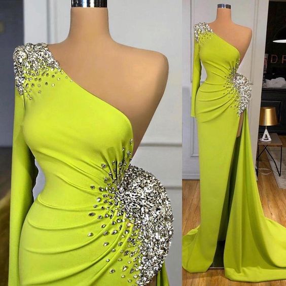 One Shoulder Mermaid Prom Dresses 2021 Arabic Glitter Beaded Side Split Evening Gowns Satin Custom Women Formal Dress cg14812