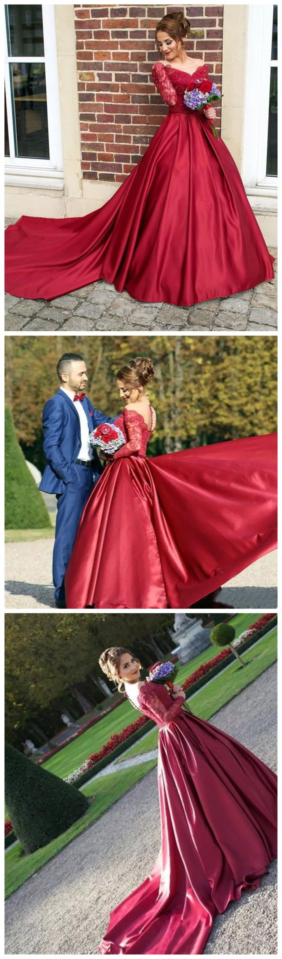 CHIC A-LINE SCOOP LONG SLEEVE LACE PROM DRESS BURGUNDY SATIN FORMAL DRESS EVENING GOWNS cg14865
