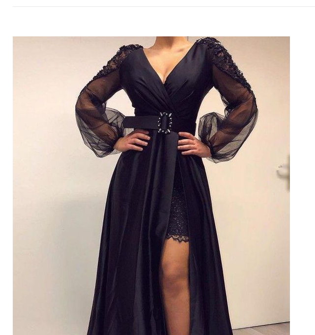 Black prom dresses long sleeve a line side slit pleats long sleeve long evening dresses cg14921