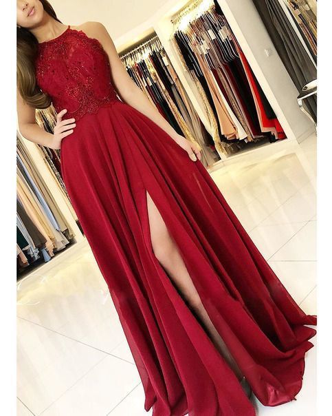 Elegant burgundy halter lace long prom dress cg14922