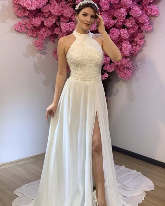 Elegant Halter Boho Prom Dresses Chiffon Split Lace Appliques cg14924