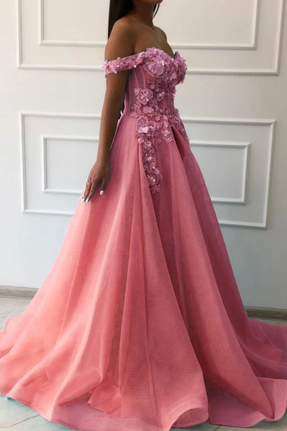 elegant pink tulle prom dresses lace emboridery off the shoulder cg14927
