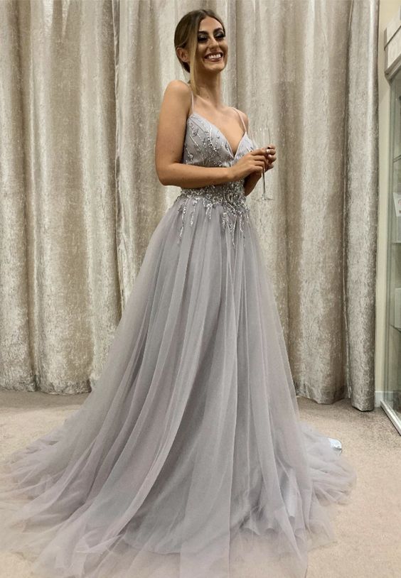 Gray tulle beads long prom dress party dress cg14938