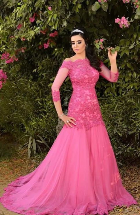 Evening Dress Turkey Sexy Off the Shoulders Hot Pink Tulle Lace Appliques Mermaid Prom Dresses cg14944
