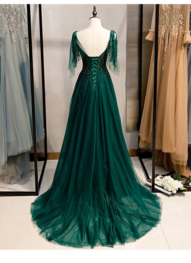 Elegant V-Neckline Straps Tulle Long Junior Prom Dress, Green Prom Dress 2021 cg14974