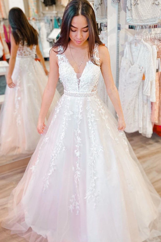 A Line V Neck White Lace Wedding Dress with Belt, White Lace Long Formal Prom Dress cg14980