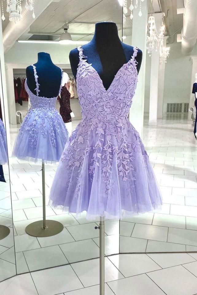 Purple v neck tulle lace short homecoming dress lace cocktail dress cg14994
