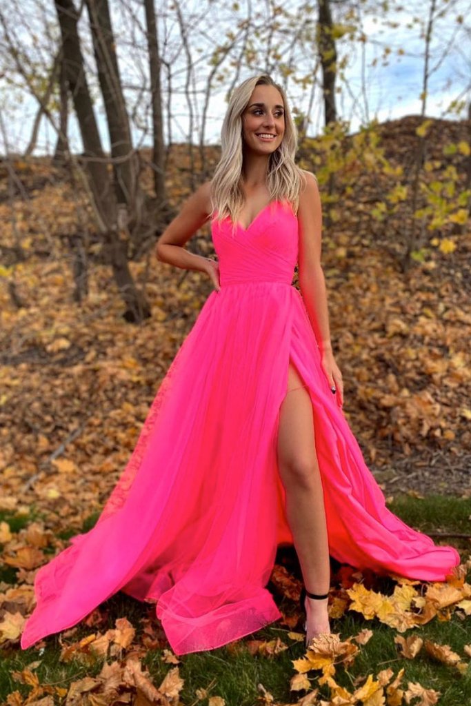 SIMPLE V NECK TULLE PINK TULLE FORMAL DRESS, PINK TULLE PROM DRESS cg14999