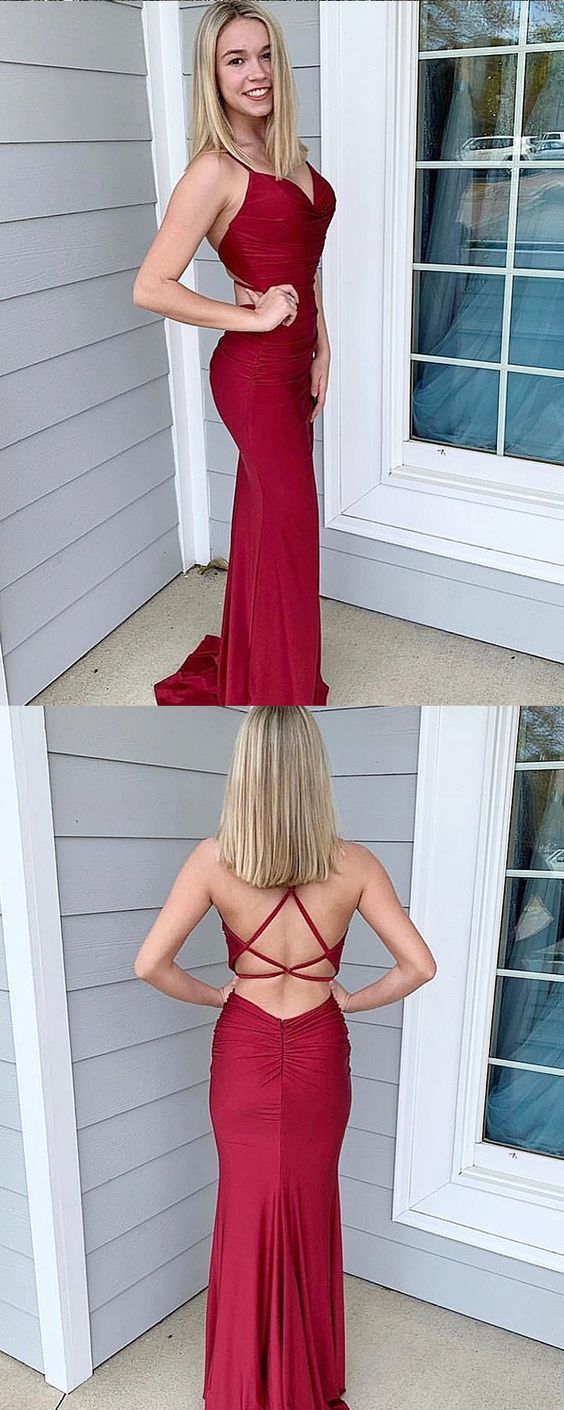 Simple Burgundy Spaghetti Straps Satin Mermaid Prom Dress cg15015