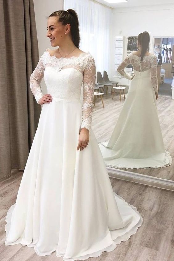 Lace Sheer Long Sleeves Prom Dress With Chiffon cg15017