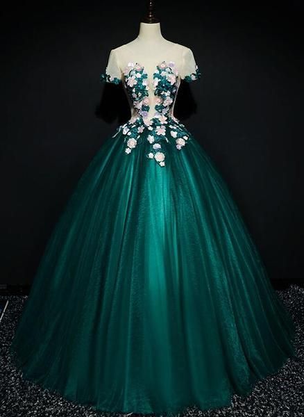 Dark Green Tulle Round Neckline Ball Gown Formal Dress Prom Dress cg15020