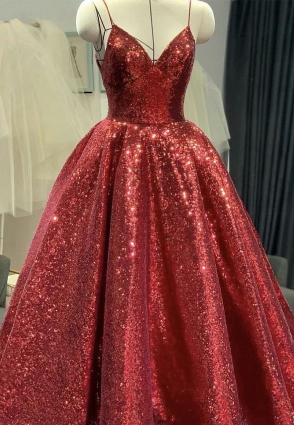 Red sequins long ball gown prom dress shiny evening dress cg15034