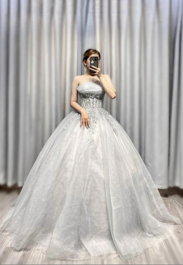 Grey tulle lace long ball gown prom dress formal dress cg15038