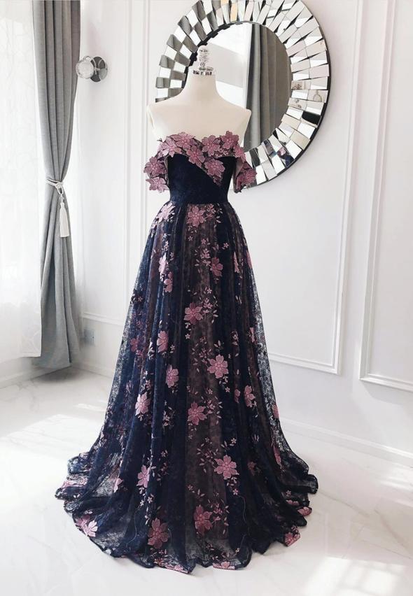Black tulle lace long prom dress evening dress cg15039