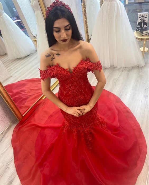 Red mermaid prom dresses lace beaded evening gown off the shoulder formal dress cg15049