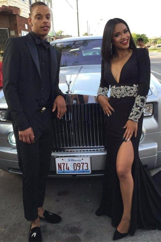 Long Sleeve Crystal Black Evening Gown Sexy V-Neck Split 2020 Prom Dresss cg15058