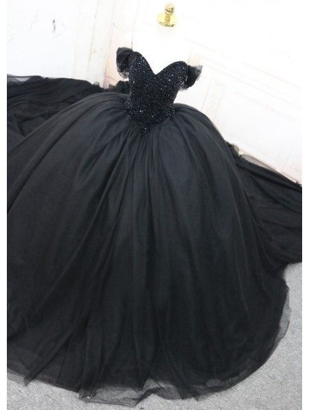 Black Gothic Beading Off-the-Shoulder Ball Gown Wedding Dress prom dresses cg15066