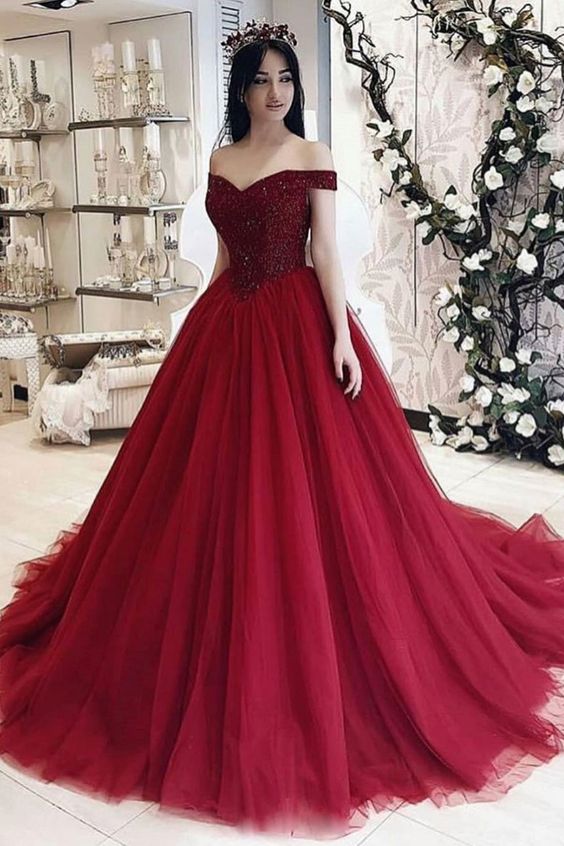 Burgundy prom dress,sweetheart prom dress,off shoulder prom dress,beading prom dress,evening ball gowns cg15079
