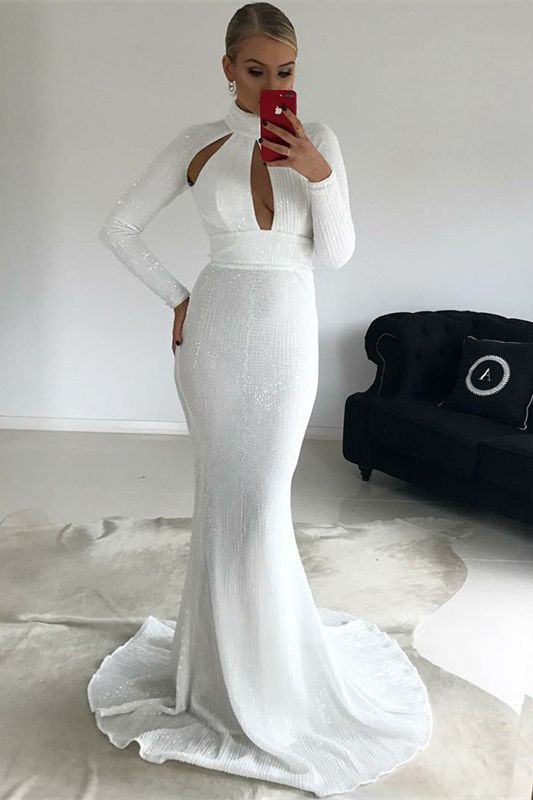 Mermaid High Neck Long Sleeves White Sequined prom dress cg15120