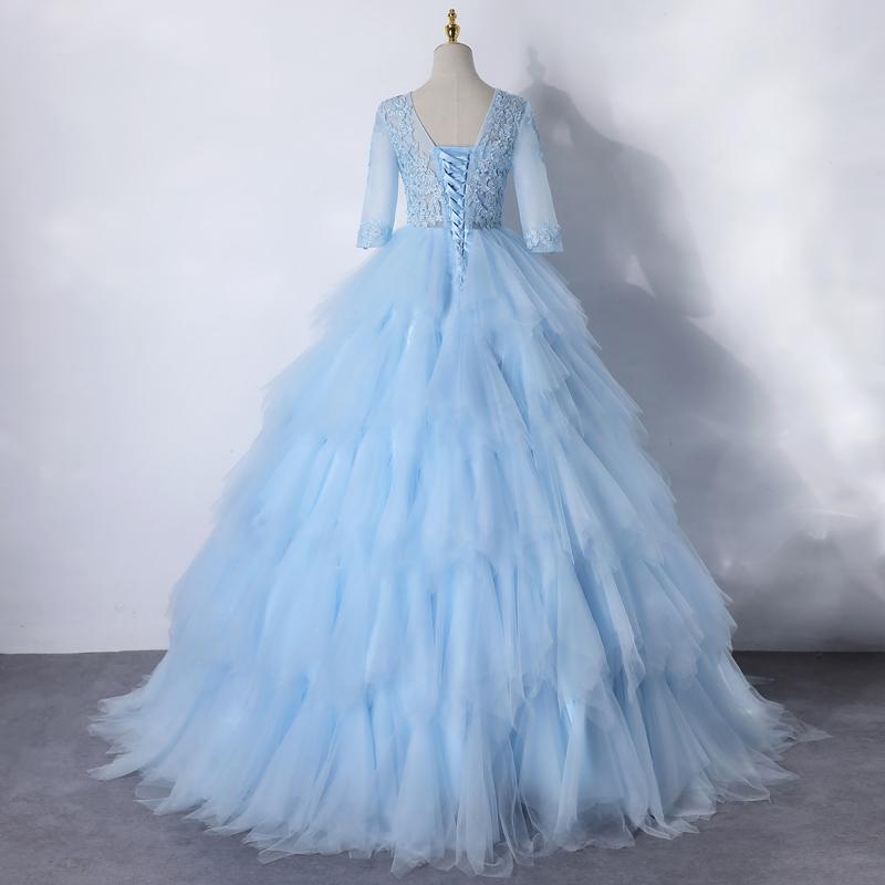 Light Blue Layers Tulle With Lace Princess Gown, Short Sleeves Ball Gown Sweet 16 prom Dress cg15122